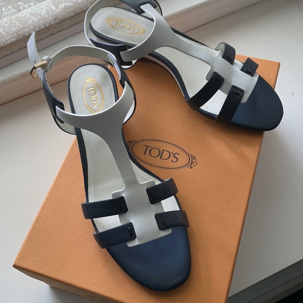 Tod’s wedge strap sandals white and blue